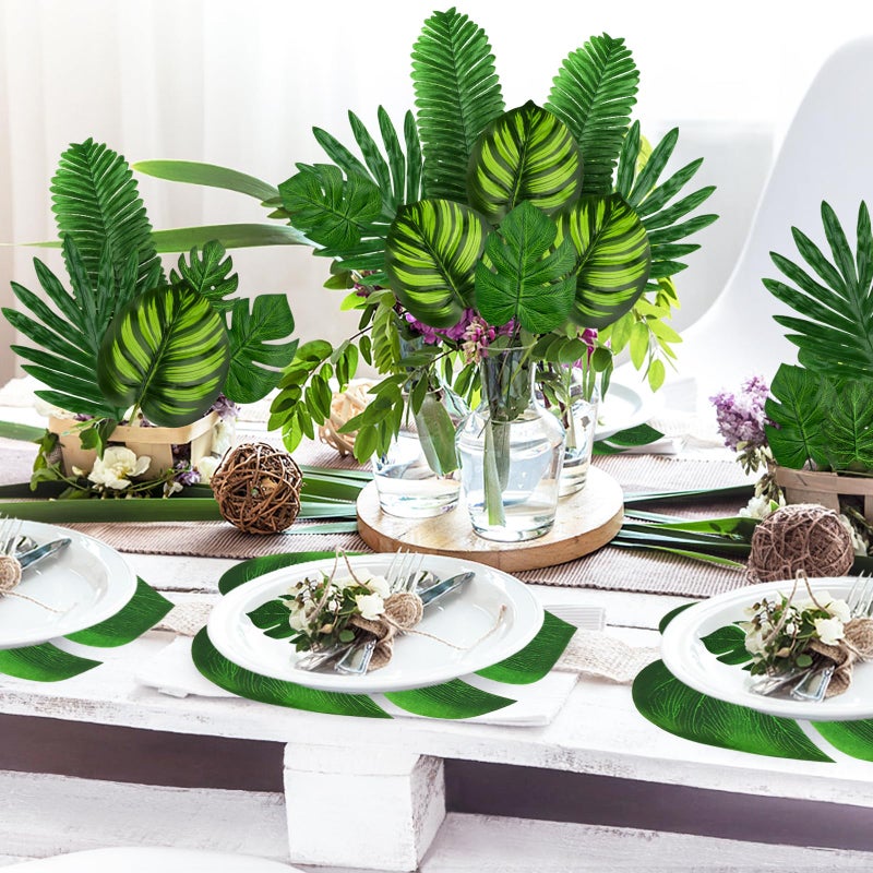 QUOZUO Tropical Party Decorations, 50 Pieces 7 Kinds Palm Leaves Artificial Tropical Monstera, Green Jungle Leaf with Stem for Jungle Hawaiian Luau Party Table Decoration Wedding Birthday - Image 5