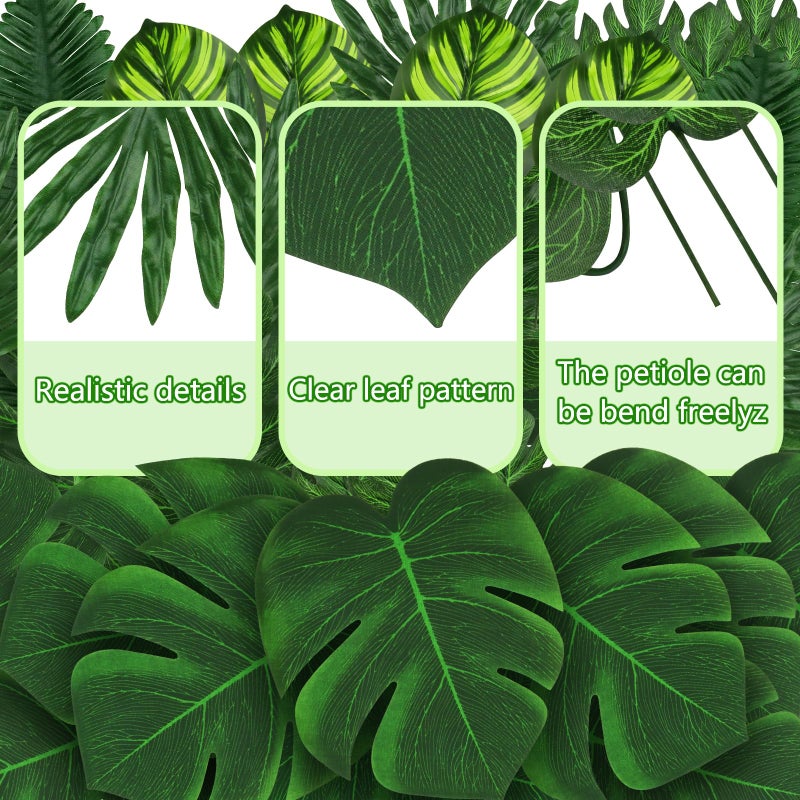 QUOZUO Tropical Party Decorations, 50 Pieces 7 Kinds Palm Leaves Artificial Tropical Monstera, Green Jungle Leaf with Stem for Jungle Hawaiian Luau Party Table Decoration Wedding Birthday - Image 3