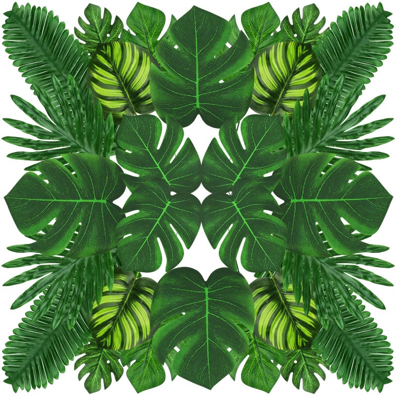 QUOZUO Tropical Party Decorations, 50 Pieces 7 Kinds Palm Leaves Artificial Tropical Monstera, Green Jungle Leaf with Stem for Jungle Hawaiian Luau Party Table Decoration Wedding Birthday - Image 1