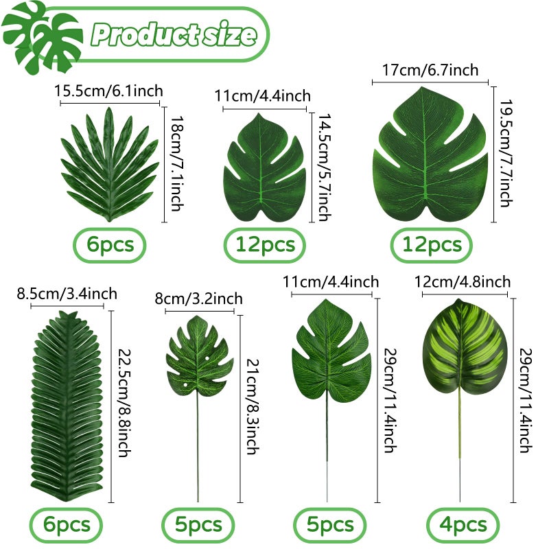 QUOZUO Tropical Party Decorations, 50 Pieces 7 Kinds Palm Leaves Artificial Tropical Monstera, Green Jungle Leaf with Stem for Jungle Hawaiian Luau Party Table Decoration Wedding Birthday - Image 2