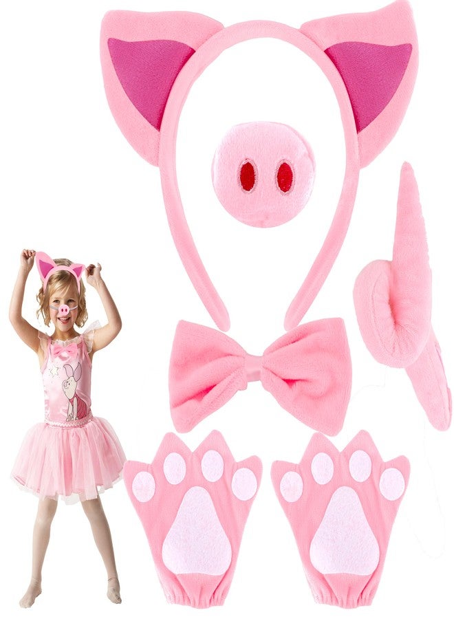 Exacoo Pink Pig Costume Set Fuzzy Pig Ears Nose Tail Hooves Gloves Bowtie Kit Animal Circus Costumes Dress Up Cosplay Decoration Cute Piglet Ears Piggy Ear Headband - Image 1