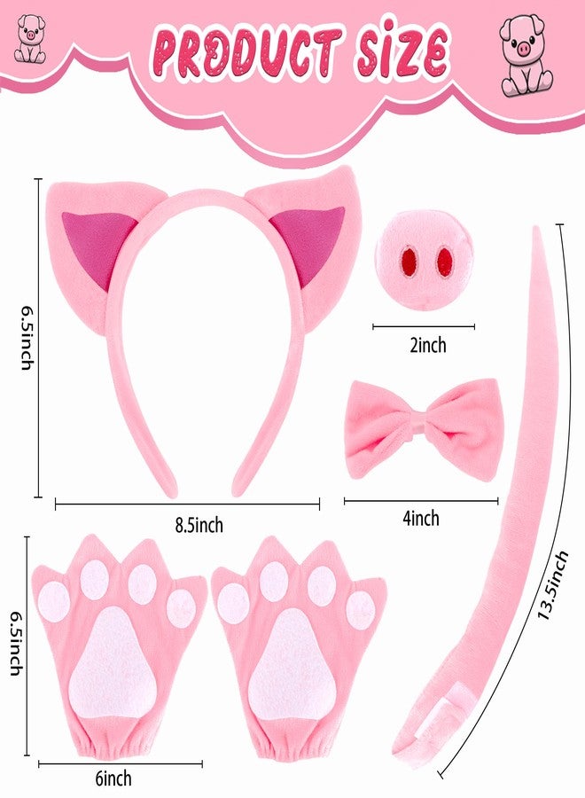 Exacoo Pink Pig Costume Set Fuzzy Pig Ears Nose Tail Hooves Gloves Bowtie Kit Animal Circus Costumes Dress Up Cosplay Decoration Cute Piglet Ears Piggy Ear Headband - Image 2