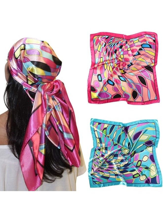 Large Satin Square Head Scarf, Geometric Print, 90x90 cm, 2 Pieces, for Hair and Bandana Use - Image 1