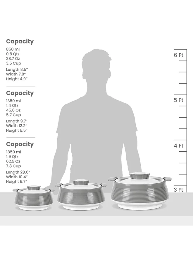 Milton MILTON 3-Piece Casserole Set (850ml, 1.35L, 1.85L) Double-Walled Hotpot with PU Insulation & Stainless Steel Inner, Keeps Food Hot/Cold, Perfect for Serving Chapati, Roti & Mandi - Venice Reg - Grey Grey