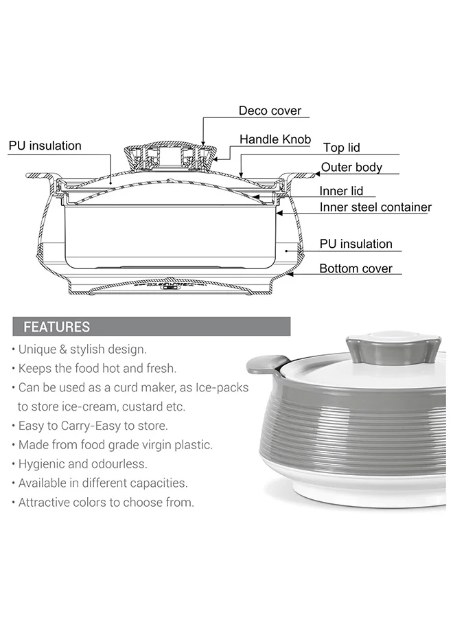 Milton MILTON 3-Piece Casserole Set (850ml, 1.35L, 1.85L) Double-Walled Hotpot with PU Insulation & Stainless Steel Inner, Keeps Food Hot/Cold, Perfect for Serving Chapati, Roti & Mandi - Venice Reg - Grey Grey