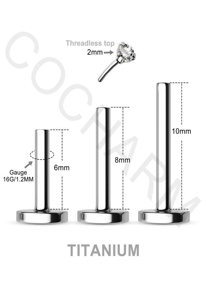 COCHARM 4pcs G23 Titanium 16g Flat Back Forward Helix Cartilage Conch Tragus Earring Stud Threadless 6mm 8mm 10mm Push Pin Ear Piercing Jewelry 2mm CZ Surgical Steel Labret Medusa Stud - Image 3
