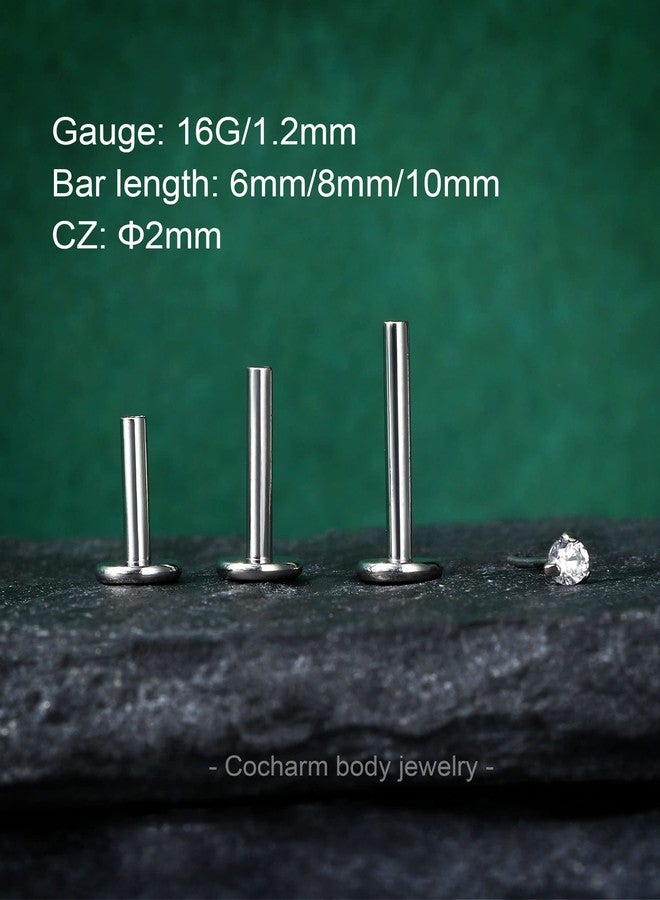 COCHARM 4pcs G23 Titanium 16g Flat Back Forward Helix Cartilage Conch Tragus Earring Stud Threadless 6mm 8mm 10mm Push Pin Ear Piercing Jewelry 2mm CZ Surgical Steel Labret Medusa Stud - Image 5