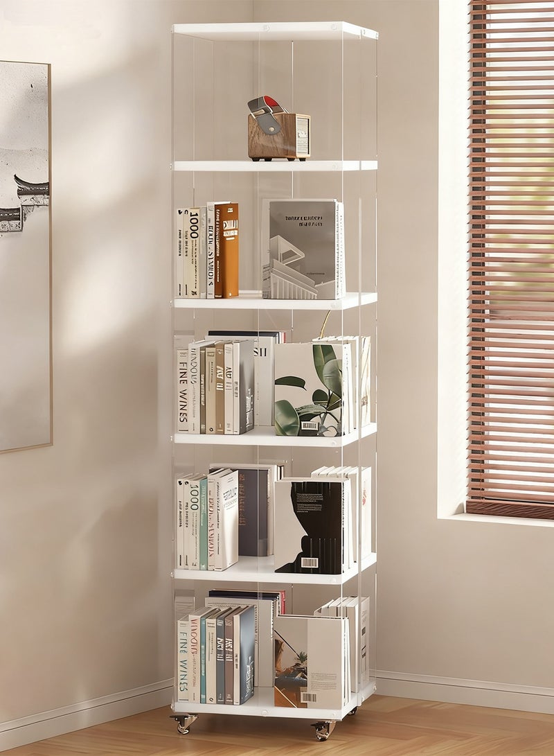 YY-ريشير رف كتب قابل للدوران 360 درجة، رف عرض متحرك، رف تخزين من 5 طبقات، خزانة كتب أكريليك مع عجلات للمنزل وغرفة المعيشة وغرفة النوم - Image 1