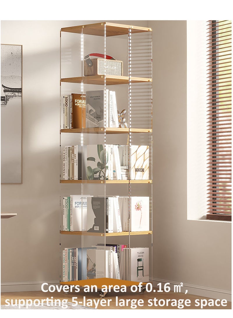 YY-ريشير رف كتب قابل للدوران 360 درجة، رف عرض متحرك، رف تخزين من 5 طبقات، خزانة كتب أكريليك مع عجلات للمنزل وغرفة المعيشة وغرفة النوم - Image 3