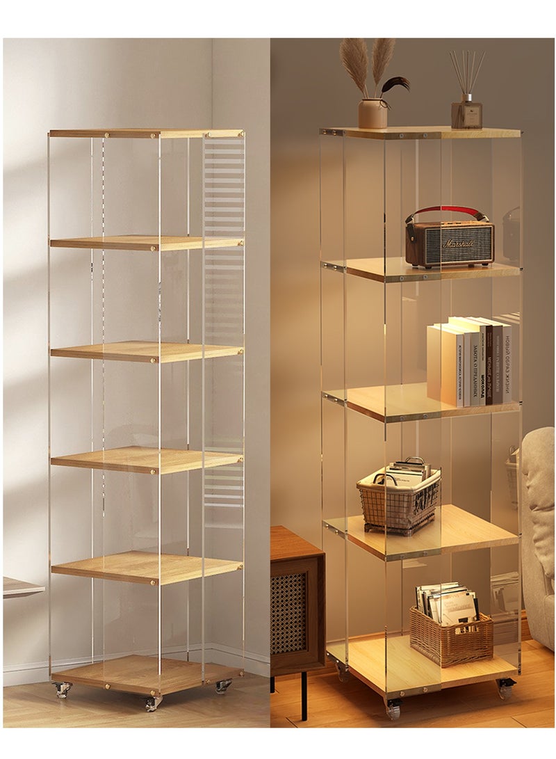 YY-ريشير رف كتب قابل للدوران 360 درجة، رف عرض متحرك، رف تخزين من 5 طبقات، خزانة كتب أكريليك مع عجلات للمنزل وغرفة المعيشة وغرفة النوم - Image 5