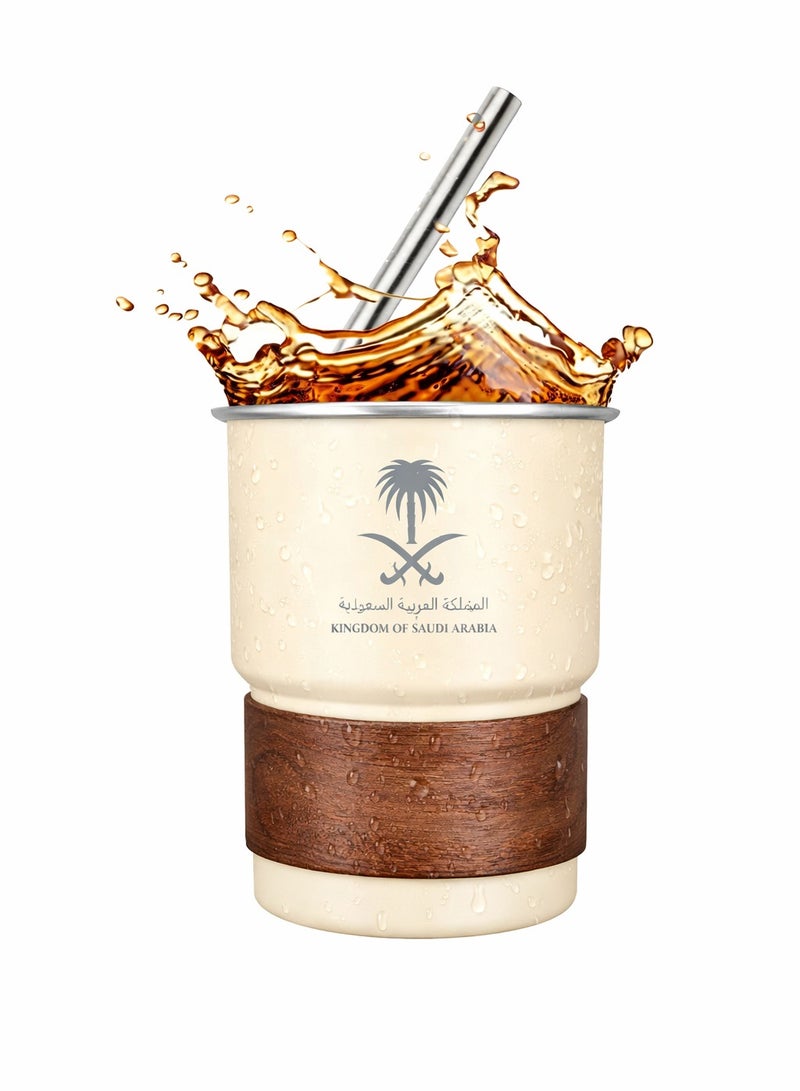 Neox 304 Stainless Steel Coffee Mug 500ml – Arabic Style Saudi Logo, Leakproof Lid & Straw, Double Wall Travel Cup for Hot & Cold Drinks, Reusable Portable Thermo Mug for Home Office & Outdoor - Image 1