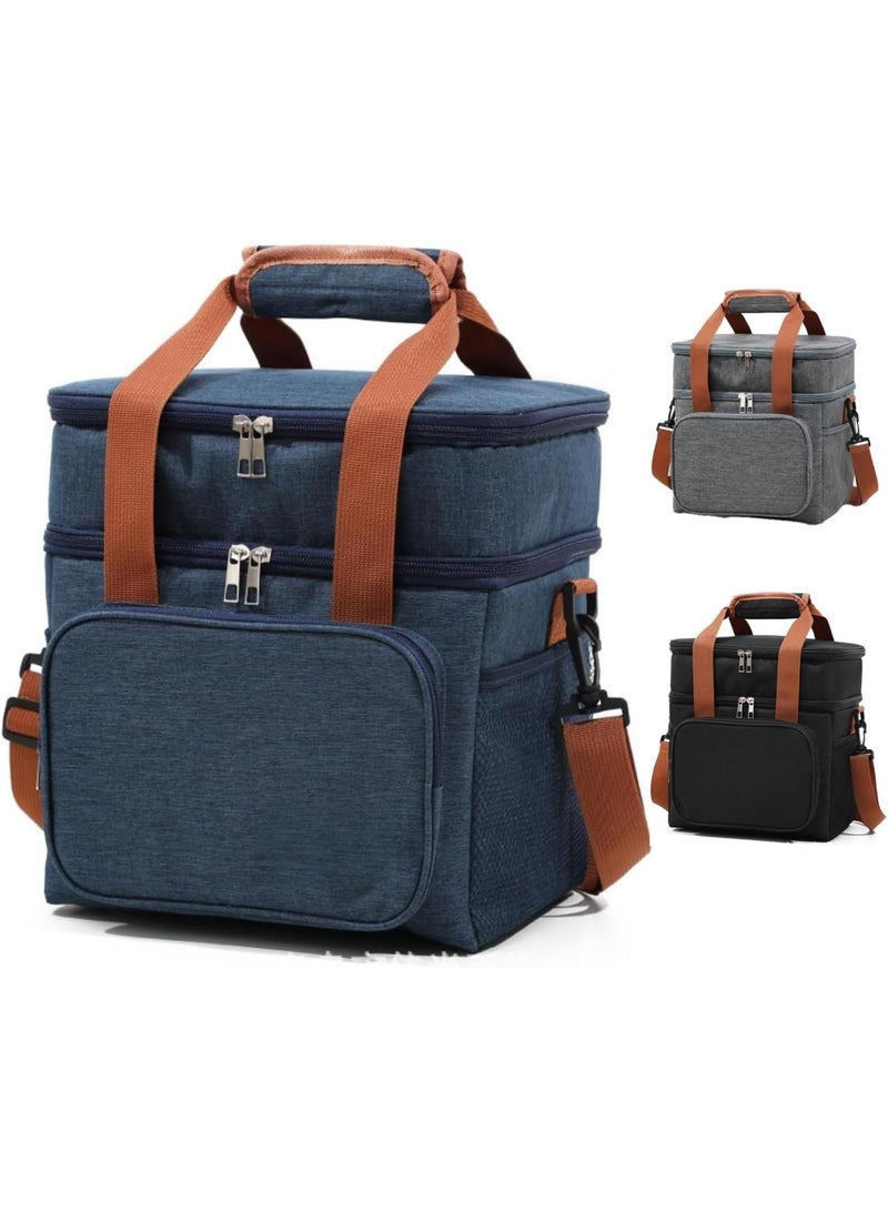 آه آه صندوق غداء معزول للرجال والنساء - حقيبة غداء مبردة مانعة للتسرب، حقيبة غداء حرارية مزدوجة الطبقات، سعة كبيرة، صندوق نزهة، حقيبة طعام معزولة، حقائب توصيل مبردة، حزام قابل للتعديل، مثالية للعمل والنزهات والسفر - أزرق داكن 27×18×29 سم - Image 1