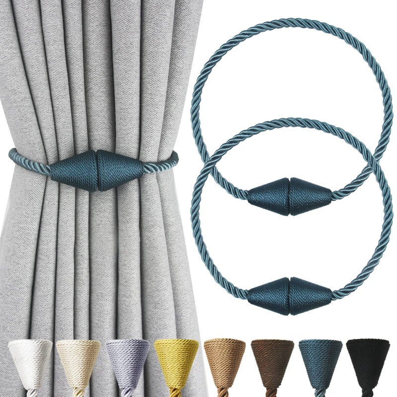 Nieffeiy 2 Pack Magnetic Curtain Tiebacks Rope Modern Handmade Curtain Tie Backs Decorative Drapes Weave Holdbacks for Window Décor, Blue - Image 1