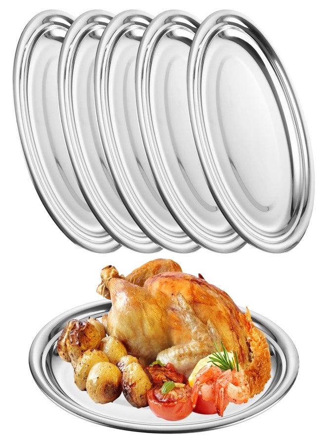 CYEAH 6 Pcs Stainless Steel Oval Platter, Heavy Duty Sizzling Platter, 14 in Large Silver Serving Trays, Metal Sizzler Plates Decorative Silver Plates for Table Decor Food Sushi Appetizer - Image 1