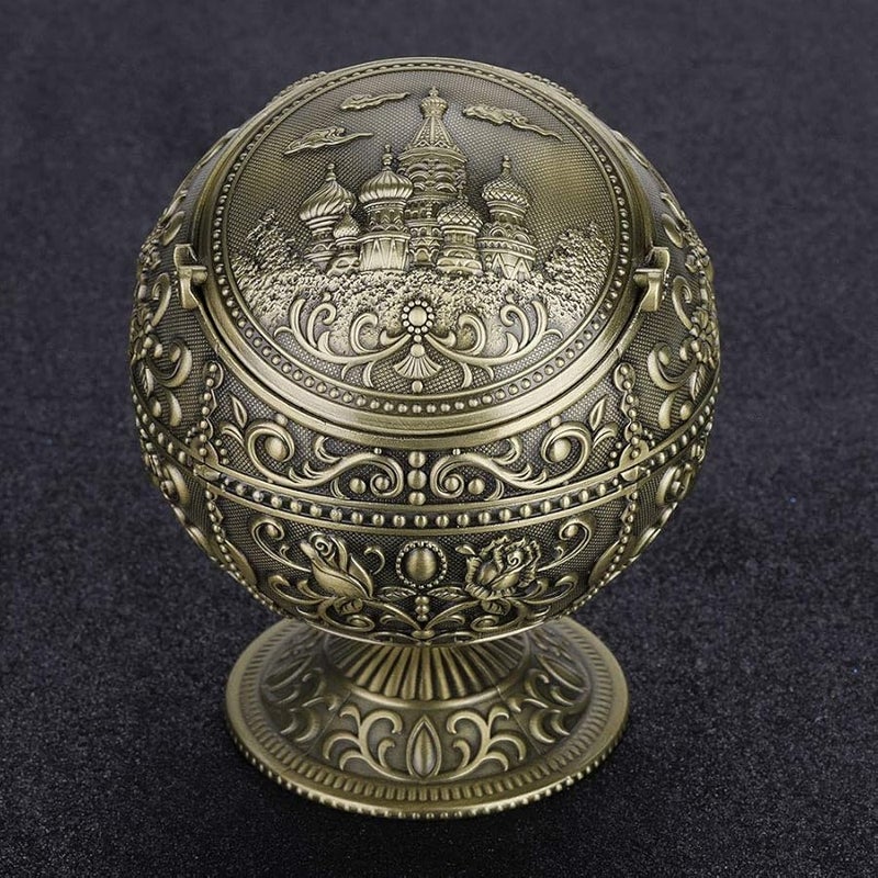 Bronze Castle Vintage Metal Sphere Ashtray Antique Brass Stamped Pattern Decorative Item - Image 4