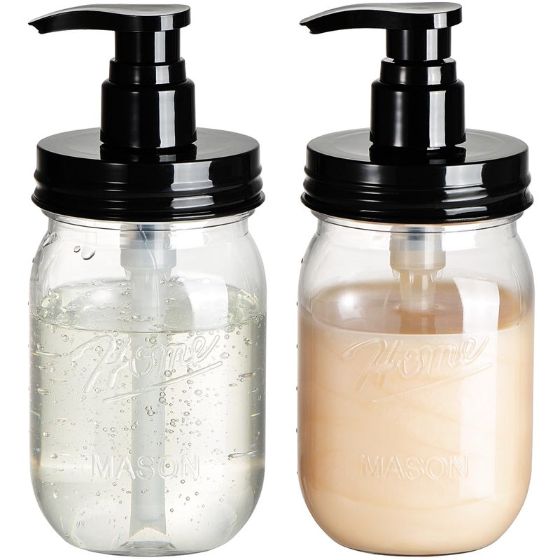 Amolliar Plastic Mason Jar Soap Dispenser with Pump Lid,16OZ Refillable BPA-Free Hand Soap Dispenser Set with Cute Lables - Farmhouse Decor for Kitchen/Bathroom,Liquid Soap,Dish Soap, Lotion (2 Pack) - Image 1