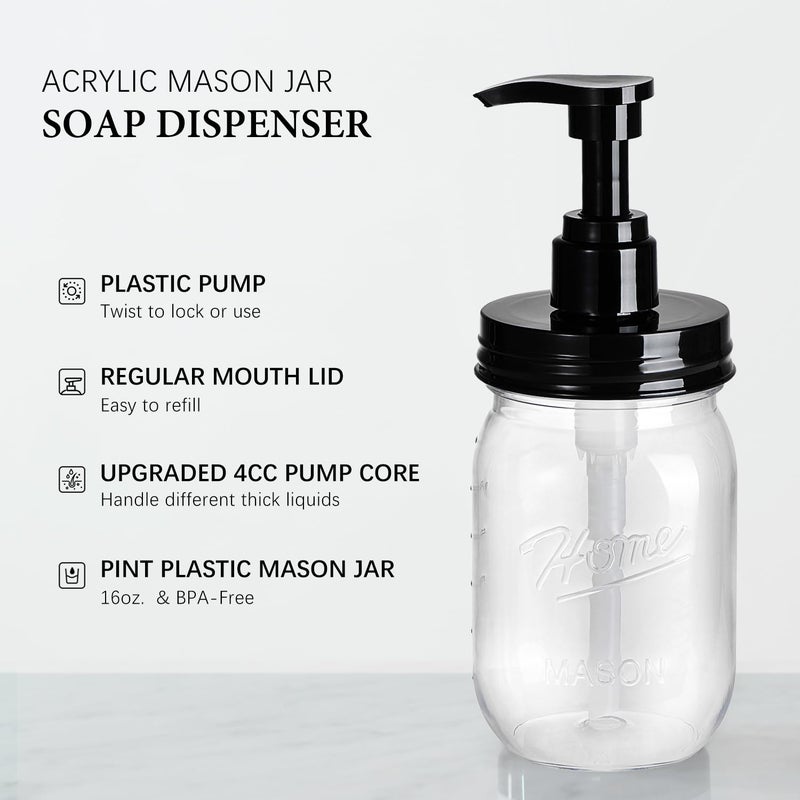 Amolliar Plastic Mason Jar Soap Dispenser with Pump Lid,16OZ Refillable BPA-Free Hand Soap Dispenser Set with Cute Lables - Farmhouse Decor for Kitchen/Bathroom,Liquid Soap,Dish Soap, Lotion (2 Pack) - Image 2
