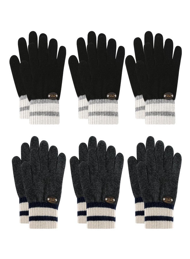 POMIJIAN Kids Knit Gloves Boys Winter Warm Gloves Girl Stretchy Soft Glove Toddler Full Finger Mittens for Children (6 Pairs-3 Black/3 Dark gray, 1-4T) - Image 1