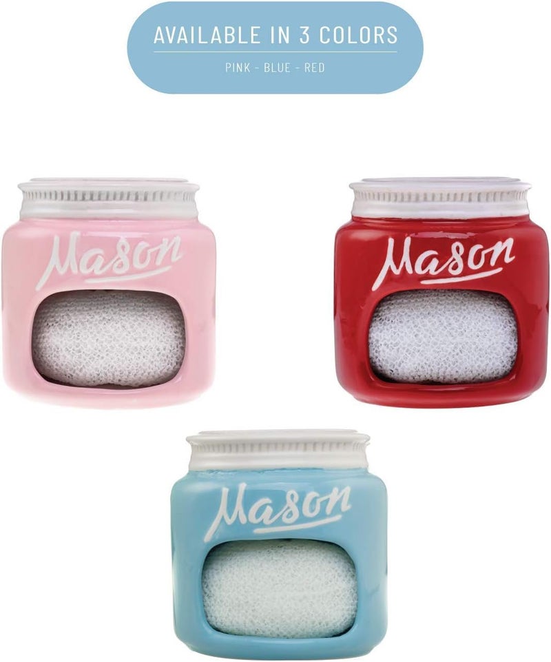 Goodscious Blue Mason Jars Ceramic Sponge Holder for Kitchen Sink Organizer - Mason Jar Decor Farmhouse Sink Caddy Sponge Holder w/ Non Scratch Scrubber - Home & Kitchen Decor for Cute Soap Dish Scrubber Holder - Image 5