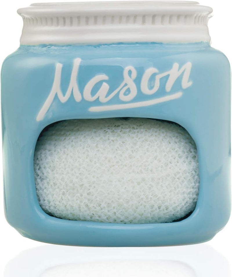 Goodscious Blue Mason Jars Ceramic Sponge Holder for Kitchen Sink Organizer - Mason Jar Decor Farmhouse Sink Caddy Sponge Holder w/ Non Scratch Scrubber - Home & Kitchen Decor for Cute Soap Dish Scrubber Holder - Image 1