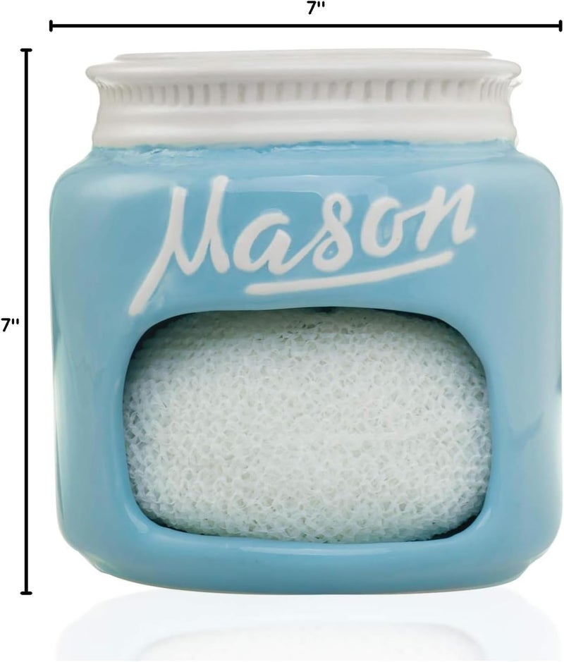 Goodscious Blue Mason Jars Ceramic Sponge Holder for Kitchen Sink Organizer - Mason Jar Decor Farmhouse Sink Caddy Sponge Holder w/ Non Scratch Scrubber - Home & Kitchen Decor for Cute Soap Dish Scrubber Holder - Image 3
