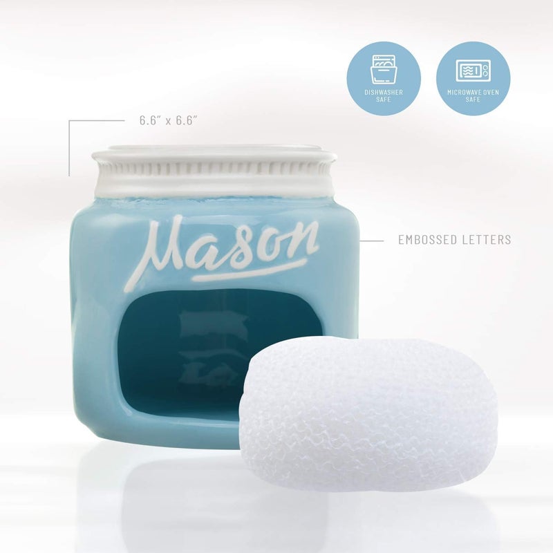 Goodscious Blue Mason Jars Ceramic Sponge Holder for Kitchen Sink Organizer - Mason Jar Decor Farmhouse Sink Caddy Sponge Holder w/ Non Scratch Scrubber - Home & Kitchen Decor for Cute Soap Dish Scrubber Holder - Image 2