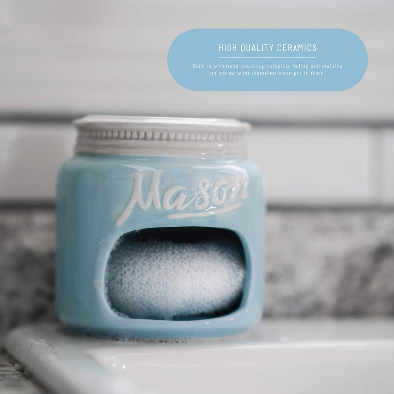 Goodscious Blue Mason Jars Ceramic Sponge Holder for Kitchen Sink Organizer - Mason Jar Decor Farmhouse Sink Caddy Sponge Holder w/ Non Scratch Scrubber - Home & Kitchen Decor for Cute Soap Dish Scrubber Holder - Image 4
