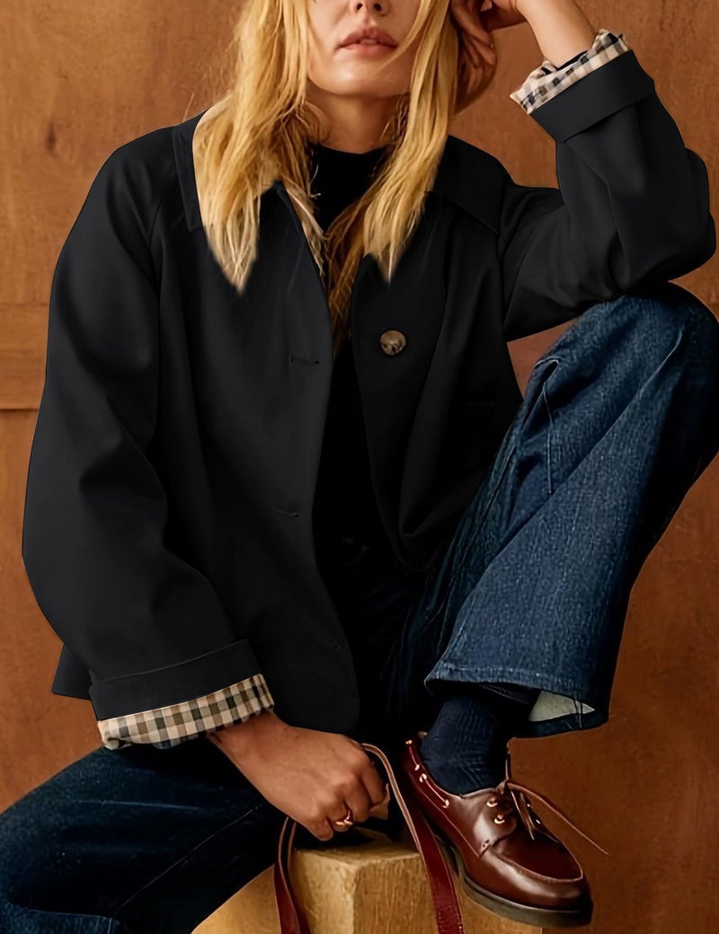 Flygo Womens Trench Coat Cropped Casual Jackets Oversized Button Down Long Sleeve Lapel Jacket Coats(Black-S) - Image 4