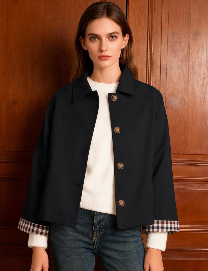 Flygo Womens Trench Coat Cropped Casual Jackets Oversized Button Down Long Sleeve Lapel Jacket Coats(Black-S) - Image 5