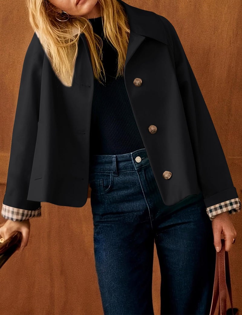 Flygo Womens Trench Coat Cropped Casual Jackets Oversized Button Down Long Sleeve Lapel Jacket Coats(Black-S) - Image 2