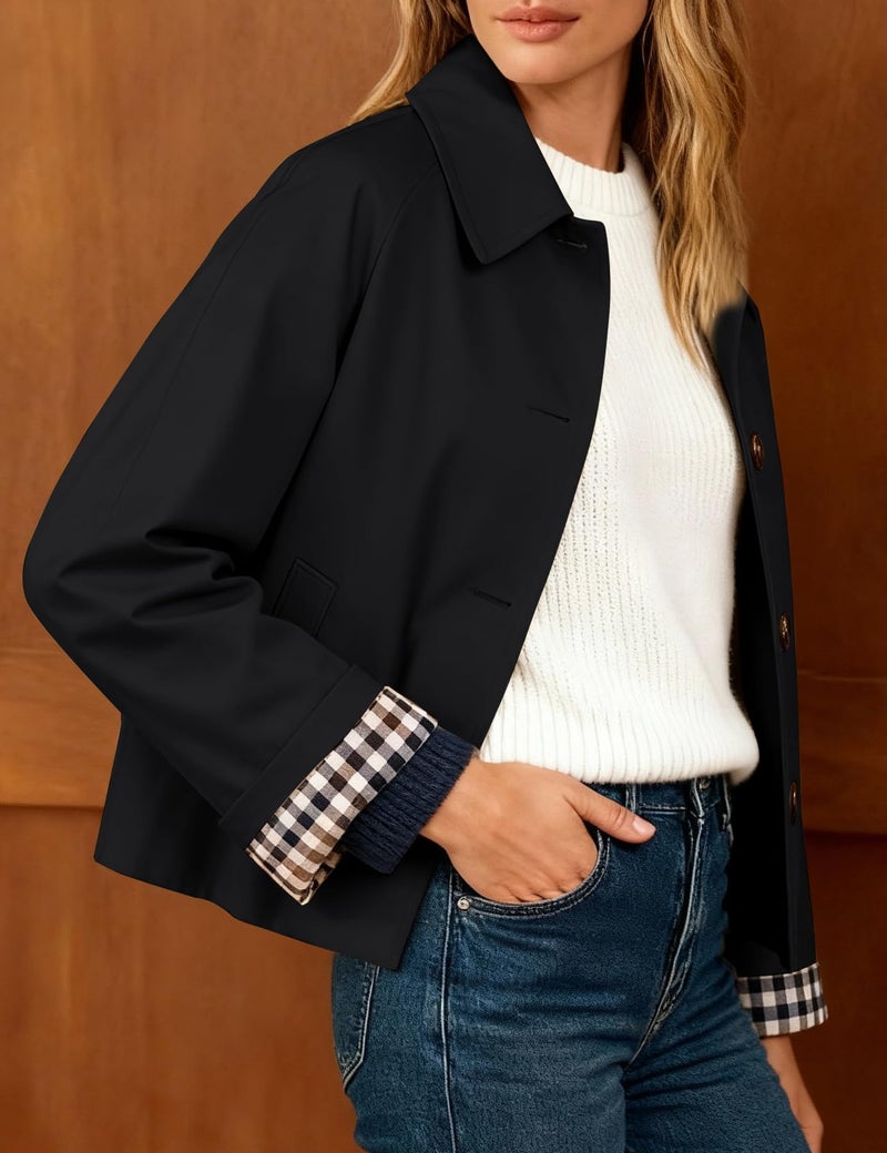 Flygo Womens Trench Coat Cropped Casual Jackets Oversized Button Down Long Sleeve Lapel Jacket Coats(Black-S) - Image 3