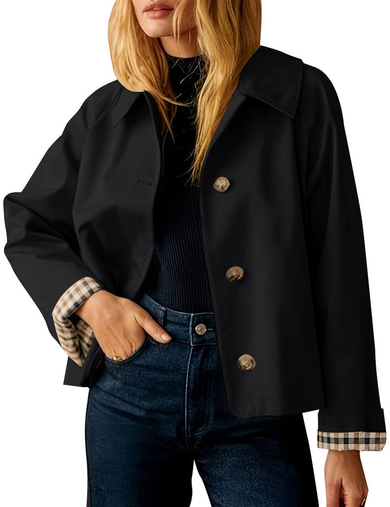 Flygo Womens Trench Coat Cropped Casual Jackets Oversized Button Down Long Sleeve Lapel Jacket Coats(Black-S) - Image 1