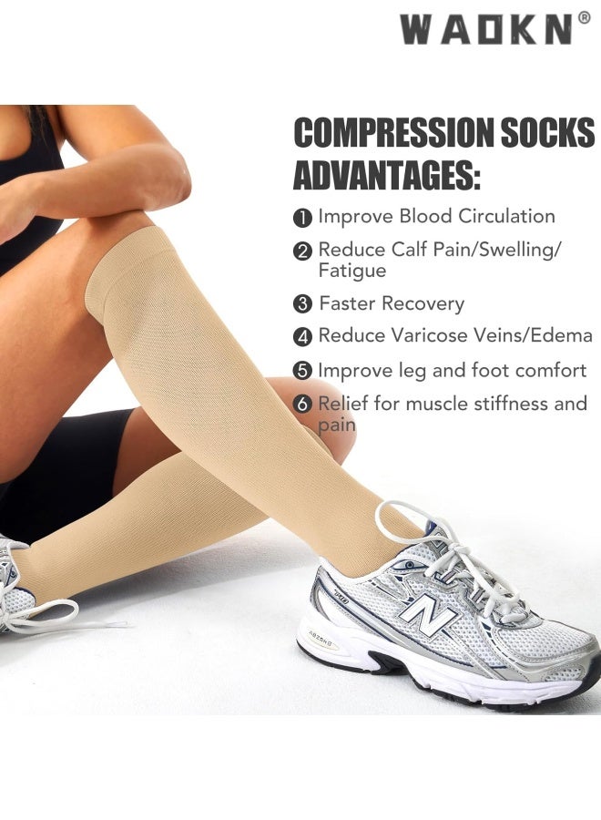 WAOKN 3 Pairs Compression Socks for Women Circulation-Best Support for Nurses ,Running,Athletic ,Travel , Antibacterial sweat absorbing knee high socks , Comfortable slimming effect , easy to clean , beige. - Image 3