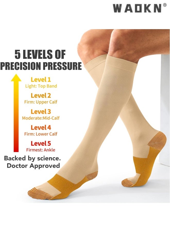 WAOKN 3 Pairs Compression Socks for Women Circulation-Best Support for Nurses ,Running,Athletic ,Travel , Antibacterial sweat absorbing knee high socks , Comfortable slimming effect , easy to clean , beige. - Image 2