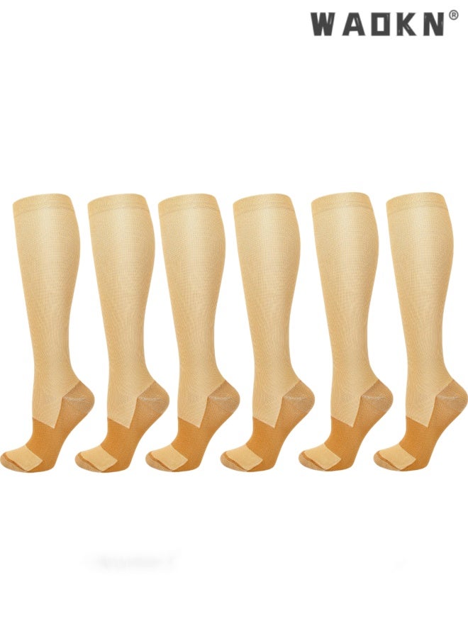 WAOKN 3 Pairs Compression Socks for Women Circulation-Best Support for Nurses ,Running,Athletic ,Travel , Antibacterial sweat absorbing knee high socks , Comfortable slimming effect , easy to clean , beige. - Image 1