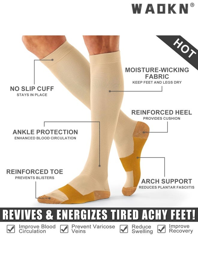 WAOKN 3 Pairs Compression Socks for Women Circulation-Best Support for Nurses ,Running,Athletic ,Travel , Antibacterial sweat absorbing knee high socks , Comfortable slimming effect , easy to clean , beige. - Image 4