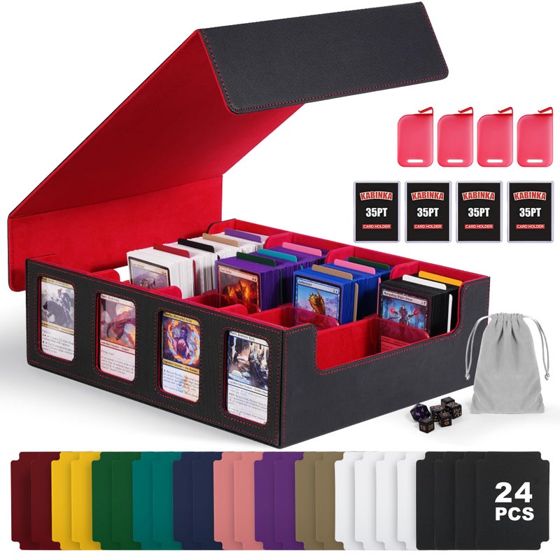 Kabinka Trading Card Storage Box with Commander Display, 4-Row Deck Case with Removable Lid; 2400+ Card Deck Box for MTG TCG Sports Card, 4 Top Loaders, 4 Stoppers, 24 Dividers,1 Dice Bag (Black Red) - Image 1
