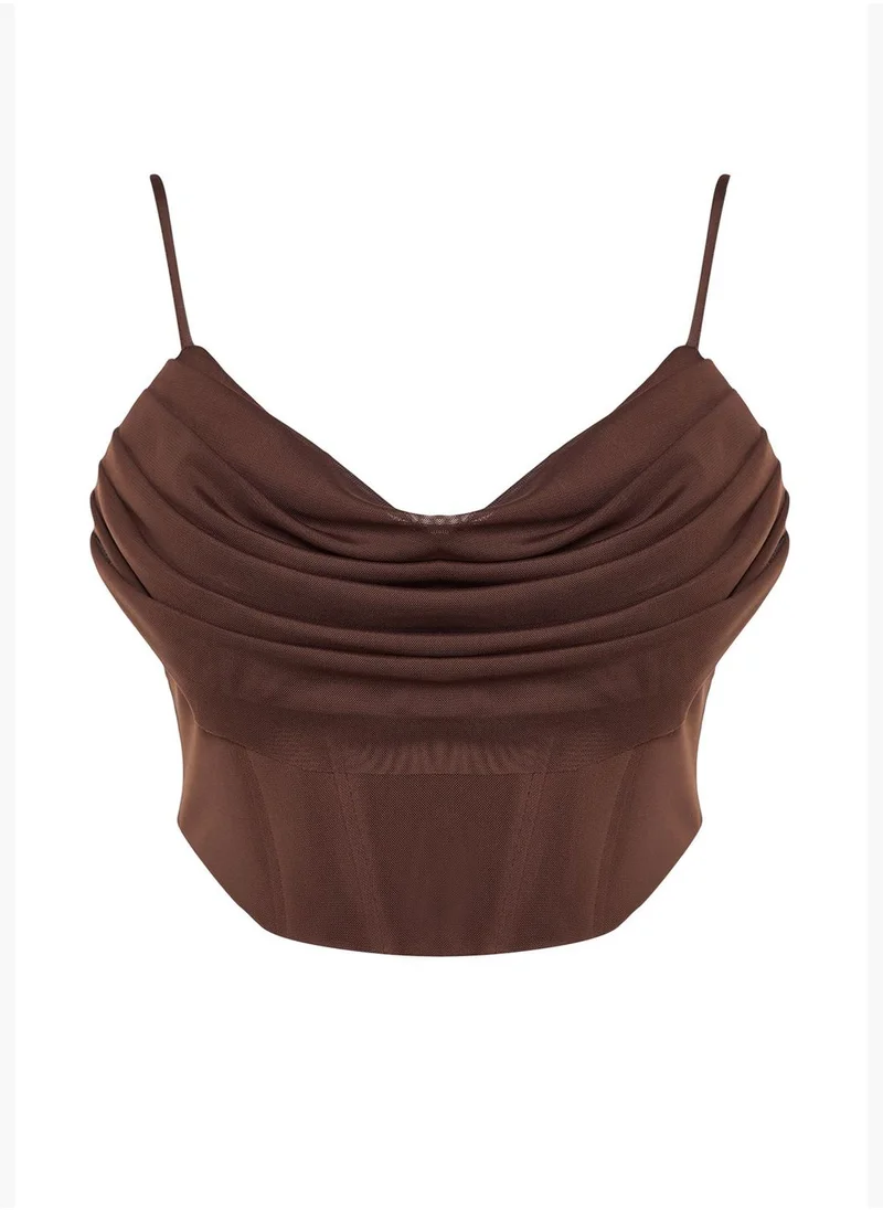 trendyol Brown Corset Detailed Tulle Blouse