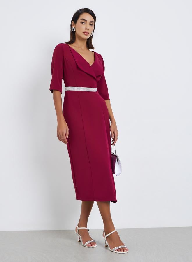 Styli Zipper at center back no slit at skirt half sleeves Sheath Midi Dress - Image 1