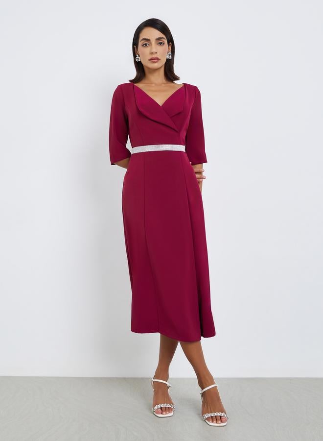 Styli Zipper at center back no slit at skirt half sleeves Sheath Midi Dress - Image 3