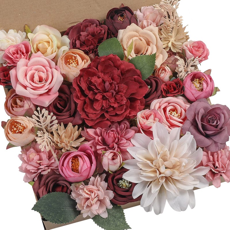 Serra Flora Artificial Flowers Combo Box Set Faux Flowers Bulk Flower Leaf with Stems for DIY Wedding Bouquets Centerpieces Baby Shower Party Home Decorations- (Burgundy Pink) - Image 1