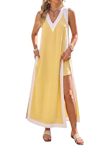 Hooever Women's 2 Piece Dress Sets Color Block Sleeveless V Neck Maxi Dress Matching Shorts with Pockets (Yellow-S) - Image 1