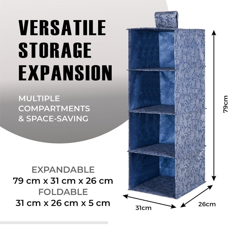 Kuber Industries Kuber Industries 4 Shelf Foldable Storage Rack | Clothes Hanging Organizer | Shoe Storage Organizer | Closet Organizer with Velcro | Shoe Rack with Flower Printed | Pack of 2 | Navy Blue  - Image 2