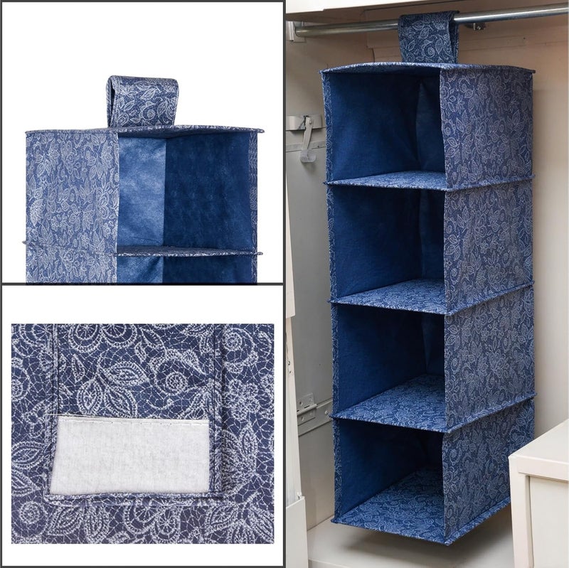 Kuber Industries Kuber Industries 4 Shelf Foldable Storage Rack | Clothes Hanging Organizer | Shoe Storage Organizer | Closet Organizer with Velcro | Shoe Rack with Flower Printed | Pack of 2 | Navy Blue  - Image 4