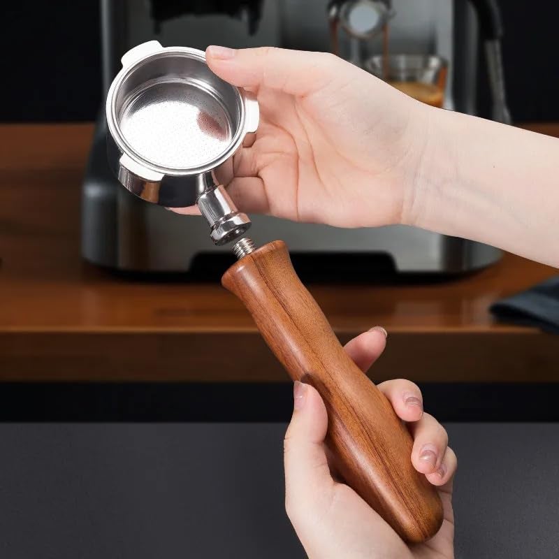 THW® 51mm Portafilter for 16-18g Ground Coffee Stainless Steel Bottomless Portafilter Wooden Handle Compatible with DeLonghi Dedica EC680 & EC685 (only) Espresso Coffee Machine - Image 3