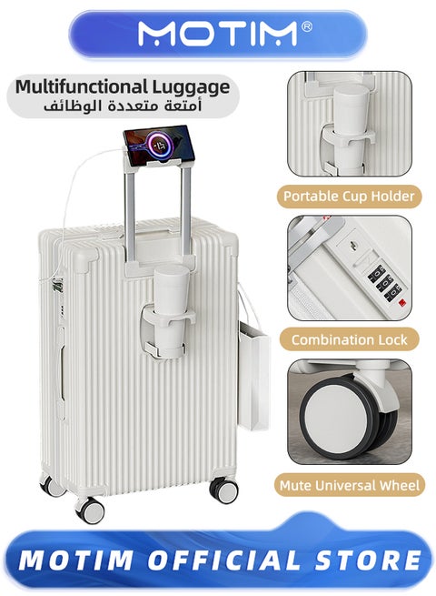 Travel Luggage Carry-On Luggage with Spinner Wheels Aluminum Framed Carry On Suitcase with USB and Type-C Port & Cup Holder & Phone Holder ＆ Side Hidden Hook Large Checked-in Luggage