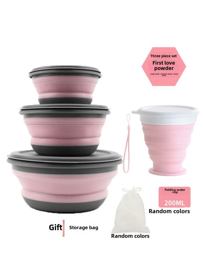 Folding Bowl Portable Retractable Outdoor Compression Travel Travel Wild Tableware Baby Picnic Anti-fall Lunch Box Wholesale-Specifications: Pink Three-piece Set + Folding Water Cup  - Image 1