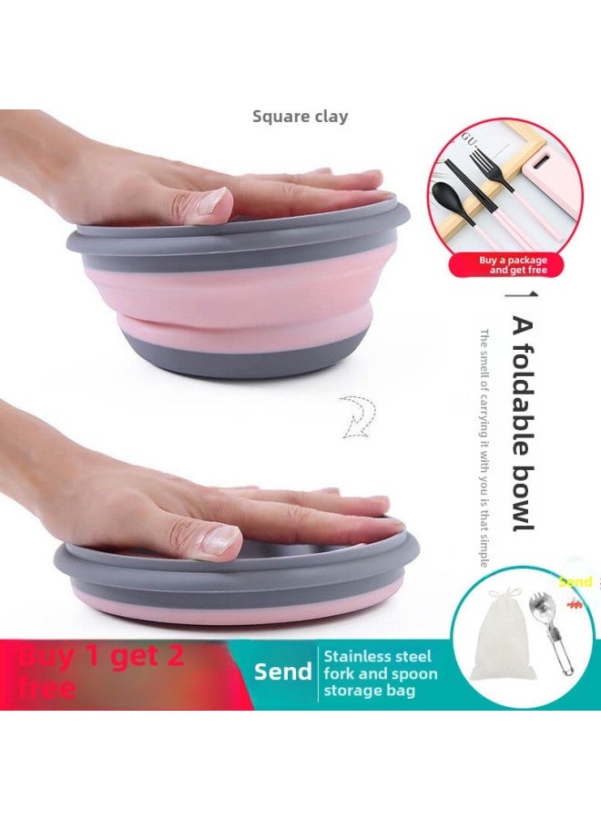 Folding Bowl Portable Retractable Outdoor Compression Travel Travel Wild Tableware Baby Picnic Anti-fall Lunch Box Wholesale-Specifications: Pink Three-piece Set + Folding Water Cup  - Image 2