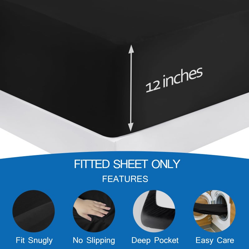 Coldwind Twin Fitted Sheet Soft Twin Size Fitted Sheets for Kids Boy Up to 12 Inches Deep Procket  Single Size Bed Mattress Sheets Stretchable and Breathable Jersey Knit Cover  Bottom Sheet Only  Black - Image 3