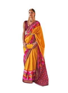Traditional Silk Yellow Saree Pink Border With Patola Design Plus Unstitched Blouse